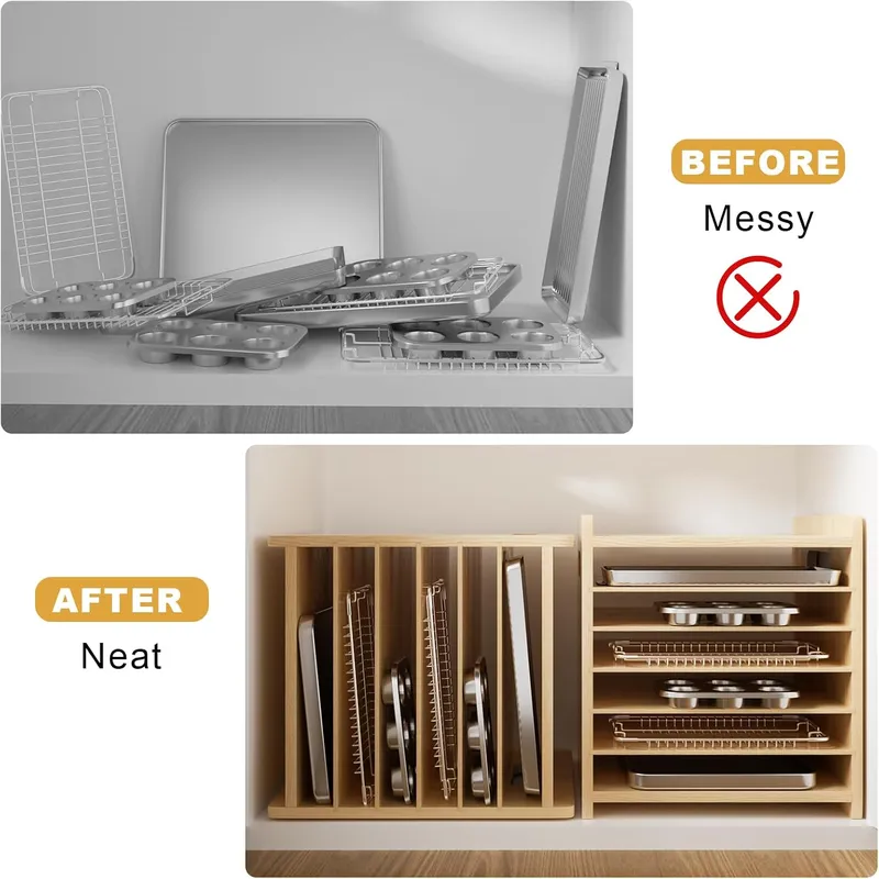 Divisores de bandejas de mader - Kitchen Cabinet Baking Sheet Organizer reseña y precio
